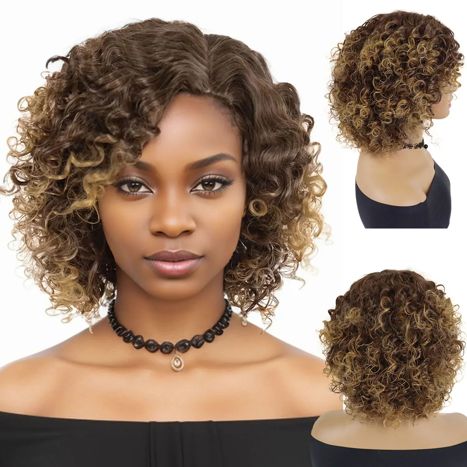 Brown Curly Wigs for Woman Synthetic Fiber Afro Wig with Side Bangs Short Brown Wig Natural Hairstyles Black Women Ladies Colly