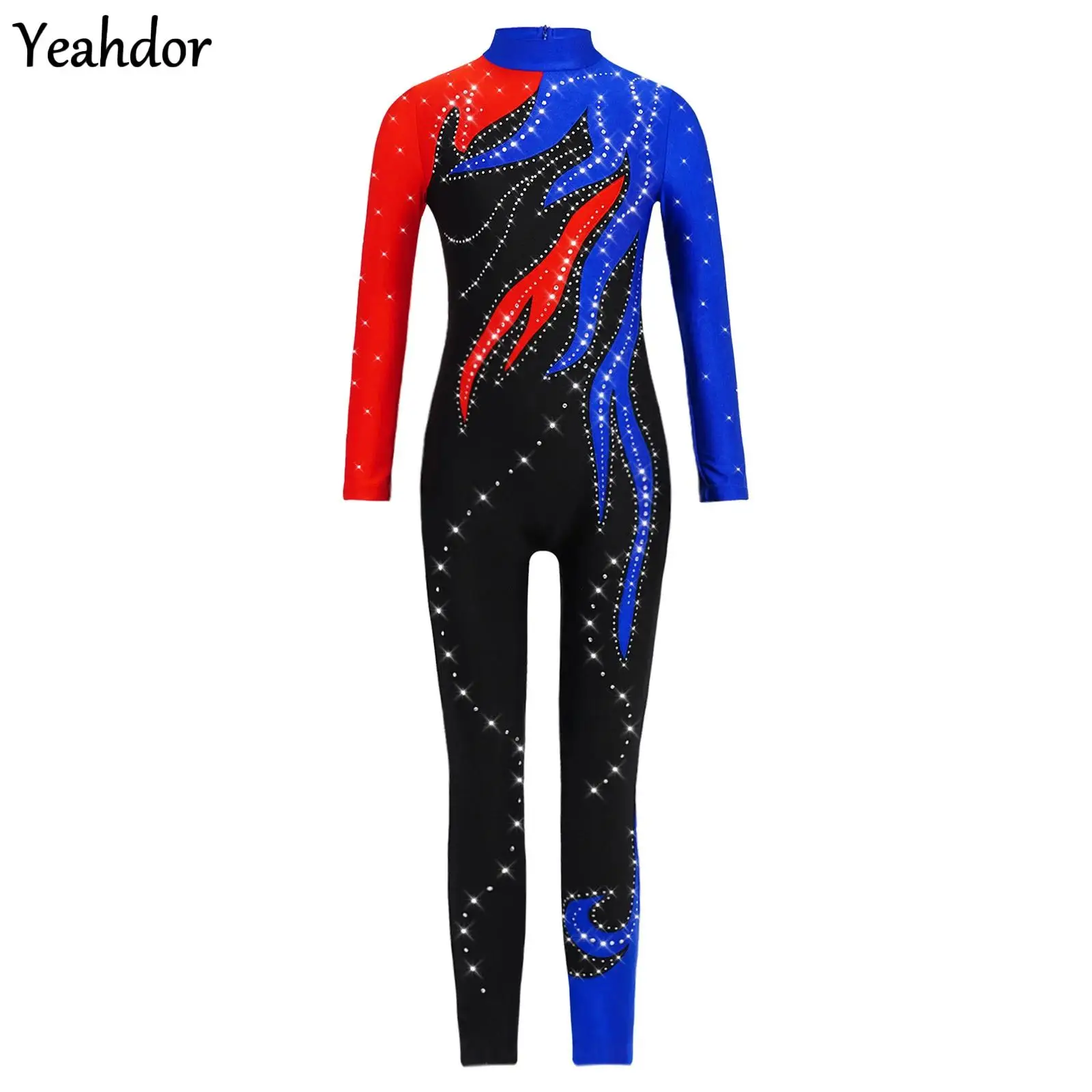 

Kids Girls Color Block Figure Skating Dance Leotard Long Sleeve Rhinestone Ballet Gymnastics Jumpsuit Full Body Suit Performance