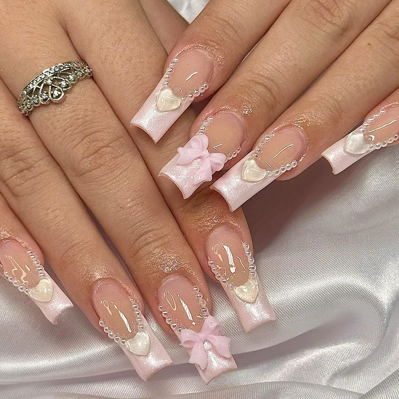 

24Pcs Mid-length Square Head False Nails Press on Pink French 3D Bow Heart Pearl Design Fake Nail Reusable Full Cover Nails Tips
