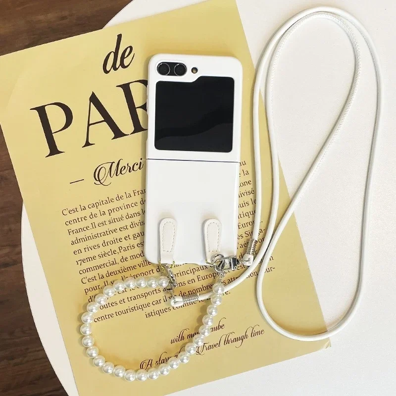 الكورية بسيطة الأبيض قضية الهاتف مع الكتف حزام طويل حبل اللؤلؤ لسامسونج غالاكسي Z فليب 7 6 5 4 3 5G الغطاء الخلفي