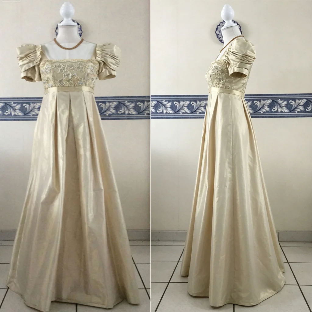 Historisches Empire-Kleid mit hoher Taille in Beige, Kostüm im Jane-Austen-Stil, Ballkleid für Teepartys, Halloween-Party-Outfit