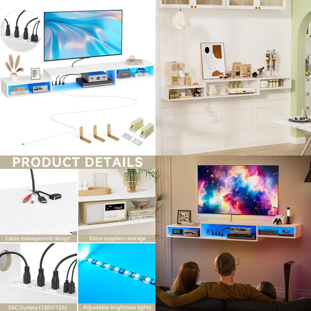 

71-дюймовая современная плавающая подставка для телевизора со светодиодной подсветкой, розеткой, полкой для хранения, медиаконсолью для настенных телевизоров