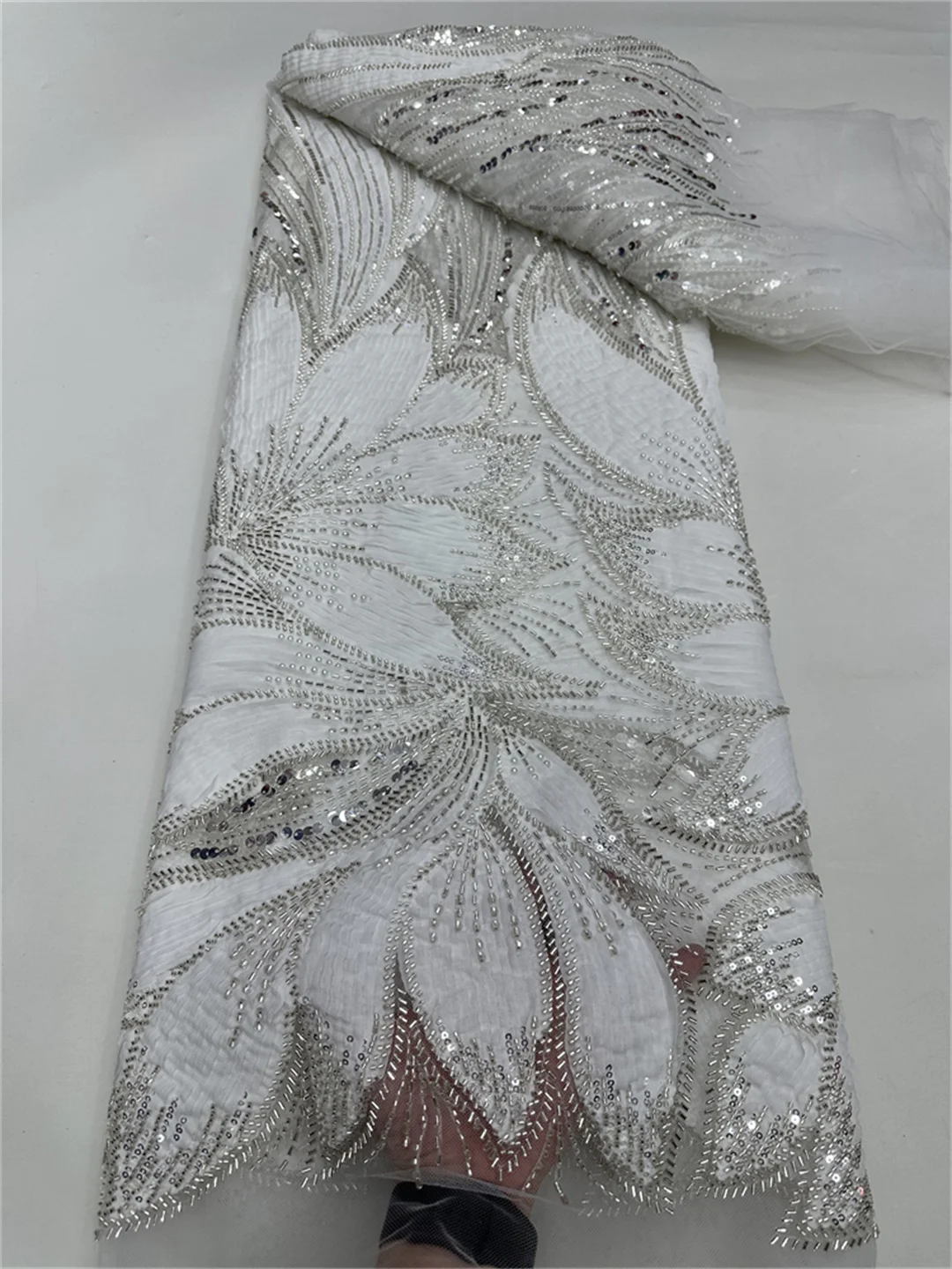 

2025 African French Nigerian High End Tulle Lace Fabric With Beads Sequins Embroiderg Mesh for Wedding Party Bride Sewing Dress