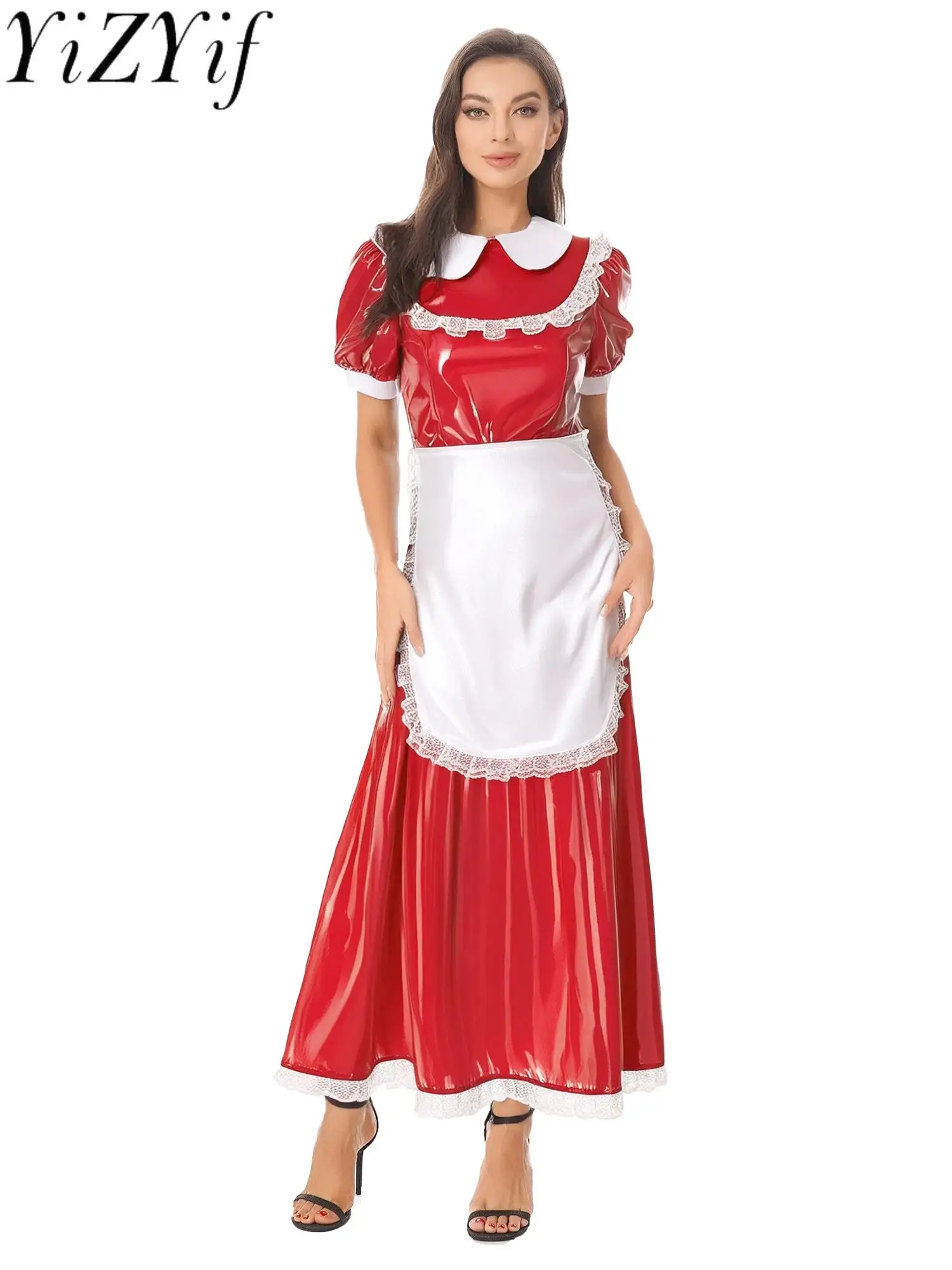 

Halloween Maid Cosplay Dress with Apron Women Wet Look Patent Leather Maid Maxi Dress for Party Carnival Maid Role Play Dress
