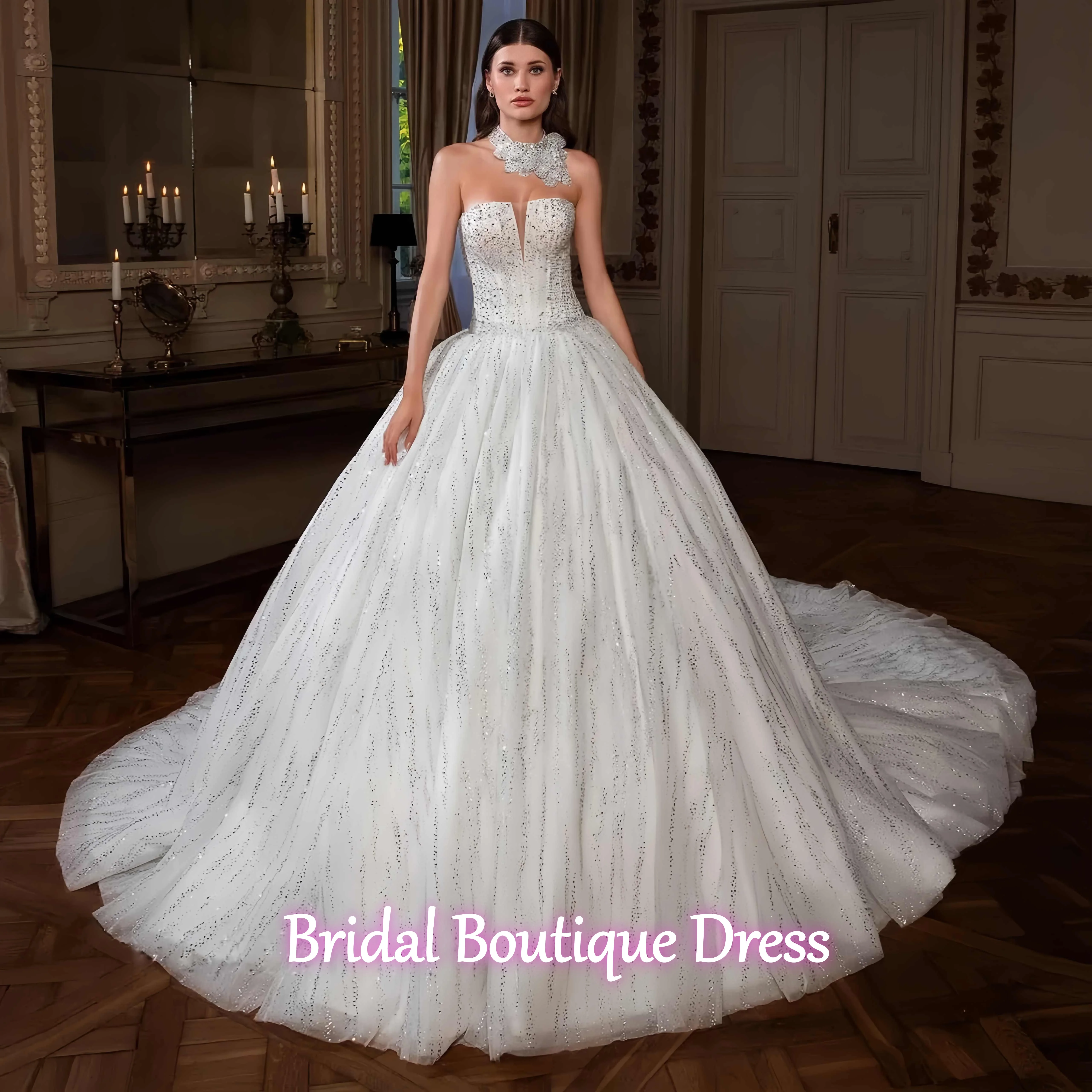 Customized Luxury A Line Women Wedding Dresses 2025 Sweetheart Sleeveless Bridal Gowns Crystal Sequins Sweep Train Dress vestido