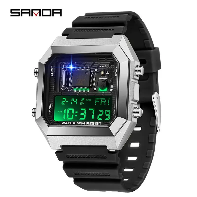 Sandad 6216 Herren elektronische Uhr Quadrat multifunktion ale Chronograph Datum Silikon armband Digital anzeige Armbanduhren für Männer