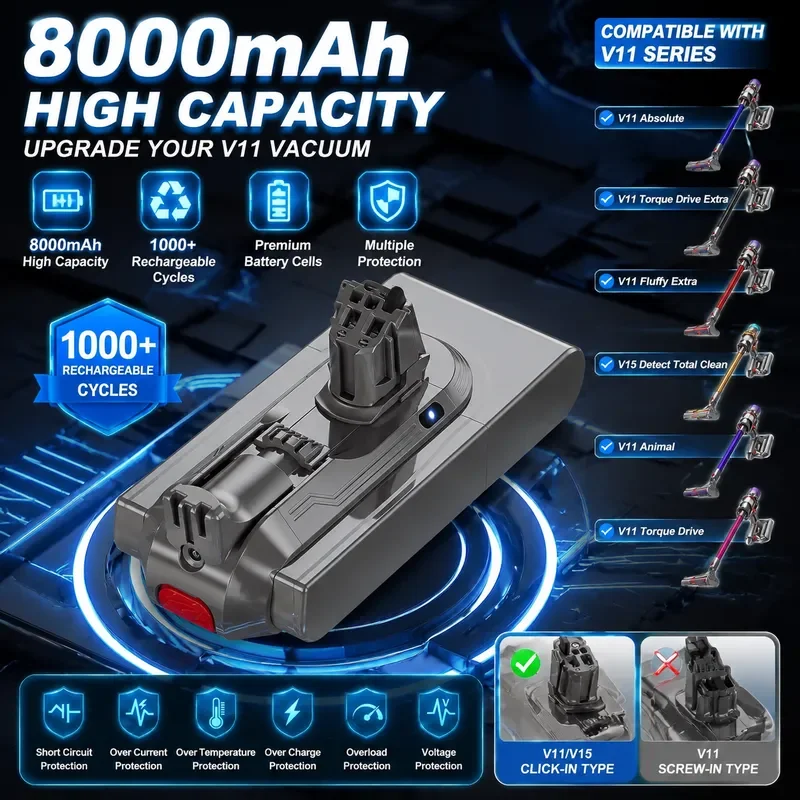 6000mAh 8000mAh V11/V15 Battery Replacement For Dyson Extra/Absolute/Animal/Torque/Drive/Outsize/SV15,SV16,SV22 Vacuum