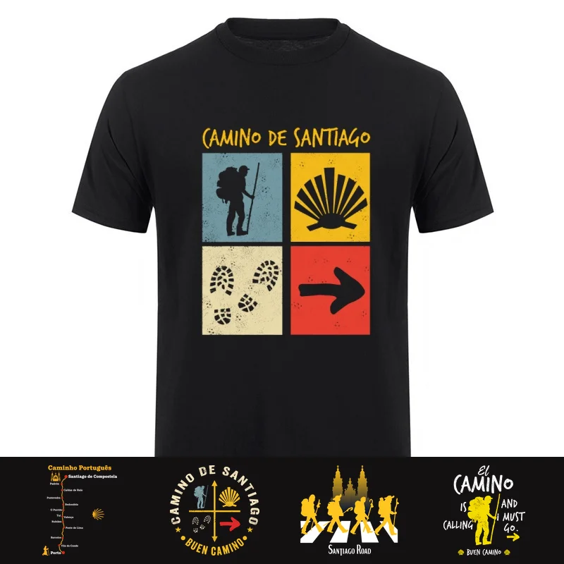 Buen Camino de Santiago St James Way Pilgrim Hiking Spain T-Shirt O-neck Cotton Short Sleeve T Shirts Tops HJ-116