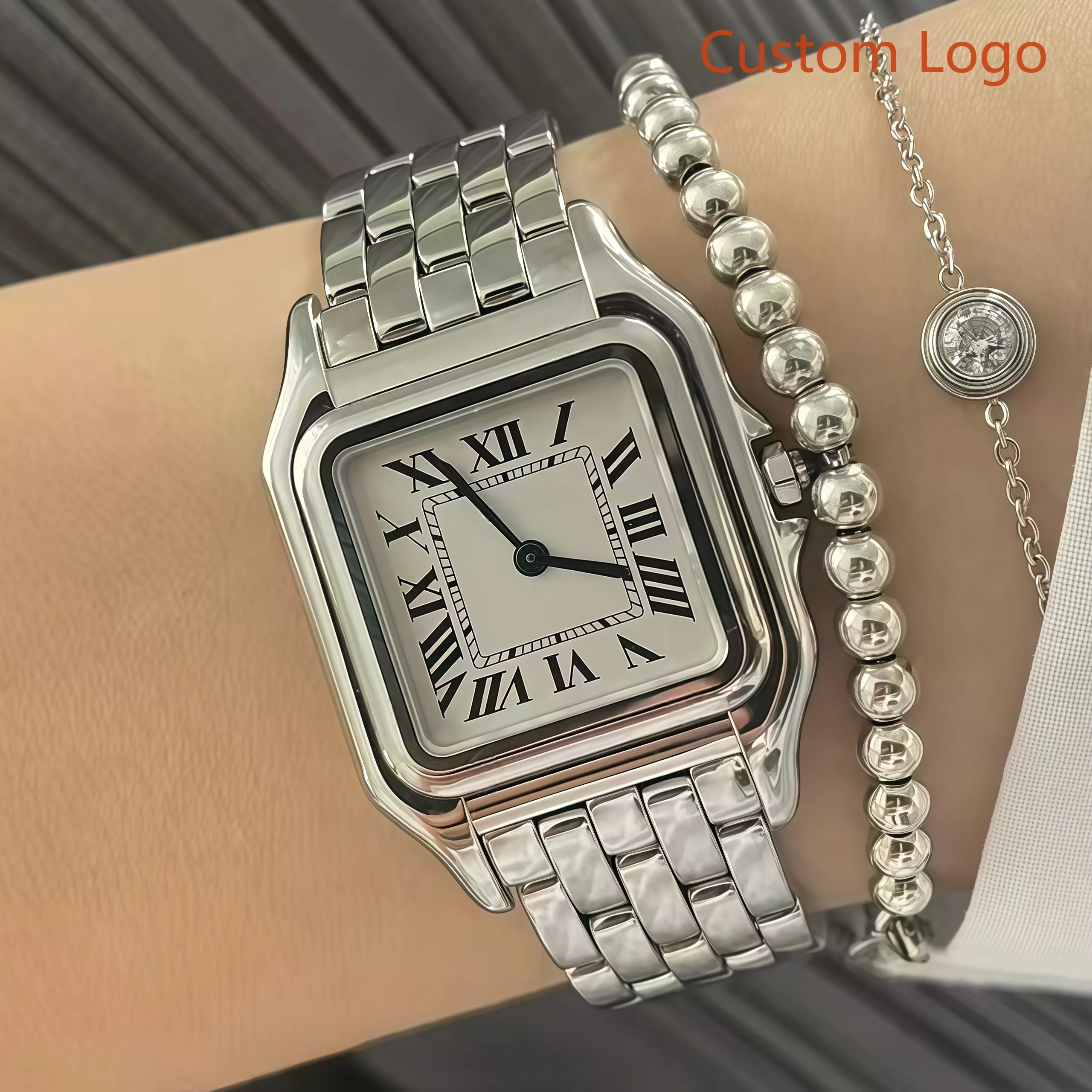LONG GE Square Couple 22mm/27mm Watches  Roman Dial Stainless Steel Bracelet  Lover Quartz Customized Watches for Men Women