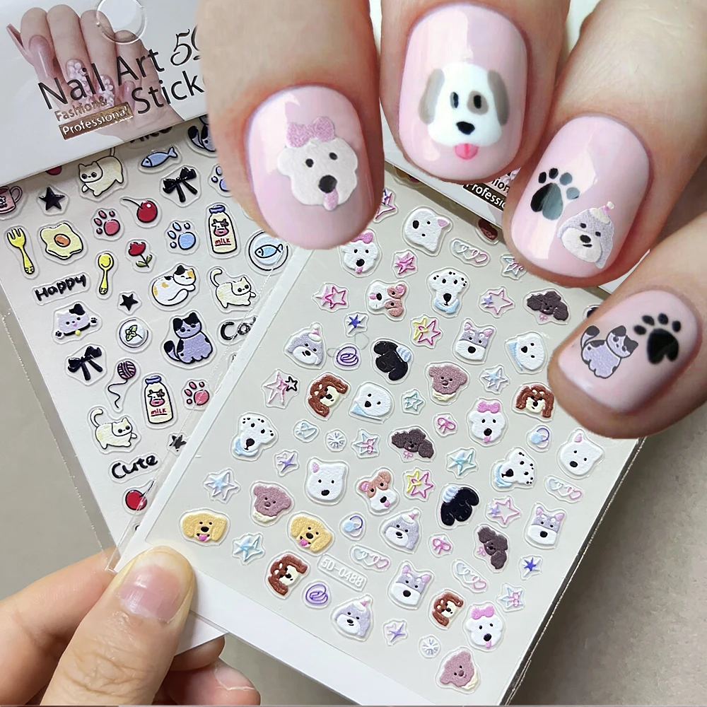 2pcs 5D Cartoon Puppy&kitten Nail Stickers Set Kawaii Embossed Happy Dog Pentagrams Milk Cat Design Nail Decals DIY Animals Nail