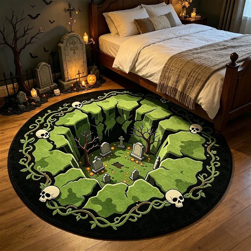 Spooky Graveyard Scene Round Area Rug for Halloween Decor - Creepy Tombstones and Skulls