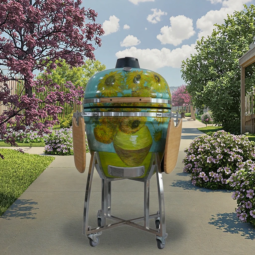 

Auplex 23-Inch High Multifunctional Ceramic Kamado Joe Green BBQ Grill Indoor Smoker Iron Metal Folding Trolley Steel