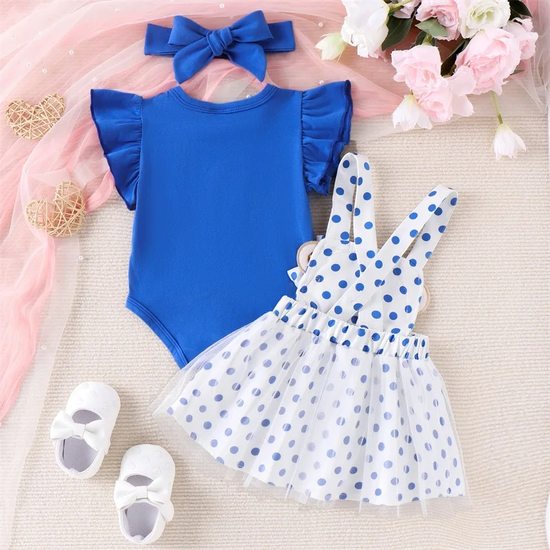 

Infant Baby Girl Summer 3Pcs Clothes Ruffles Sleeve Romper Dots Beer Suspender Tutu Skirts Set Birthday Outfits