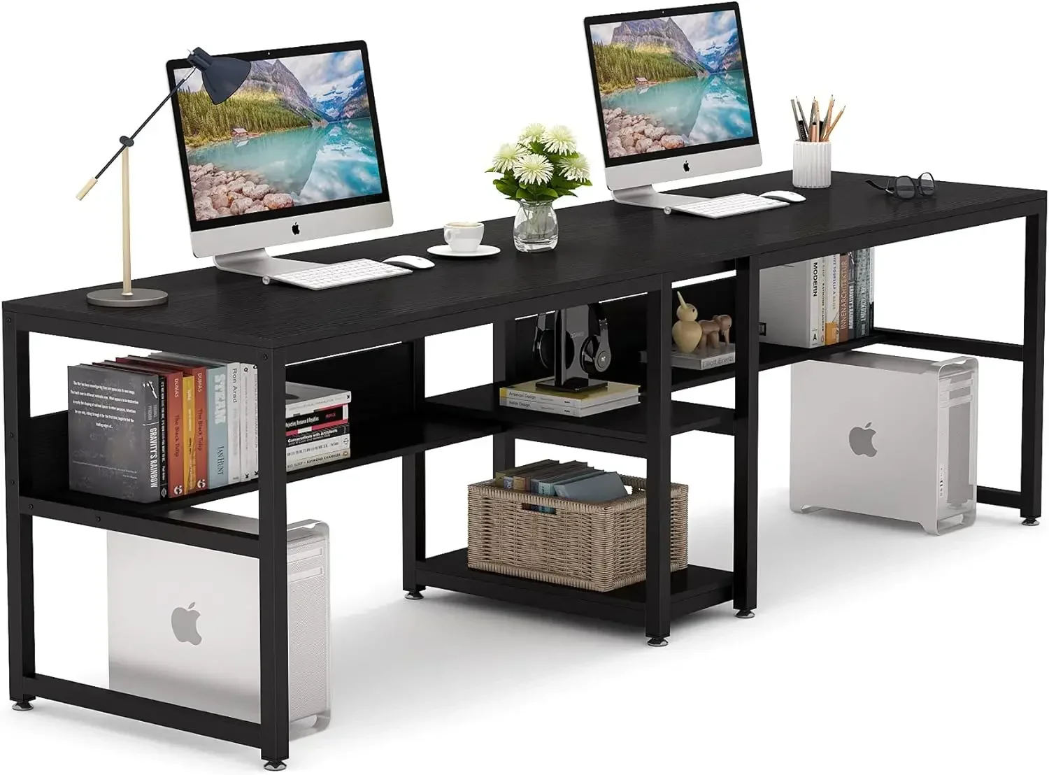 

Tribesigns Two Person Desk with Bookshelf, 78.7 Computer Office Double Desk for Two Person, Rustic Writing Desk Workstation with