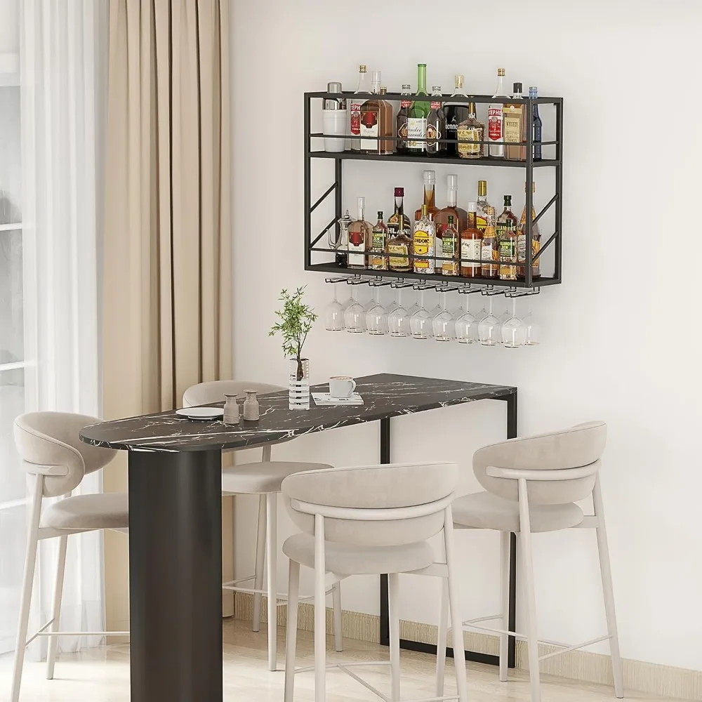 Wall Mounted Wine Rack 2 Tier, Metal Bar Liquor Shelves and Glass Holder,Wall Bar Shelf Wine Display Storage Holder