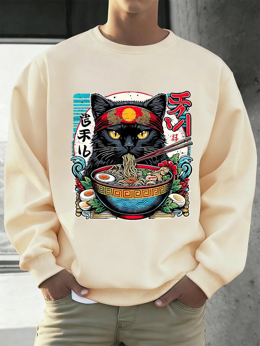 

Мужские толстовки с принтом Black Cat Ramen, осенние теплые флисовые толстовки, корейские спортивные толстовки с круглым вырезом, модная мужская одежда