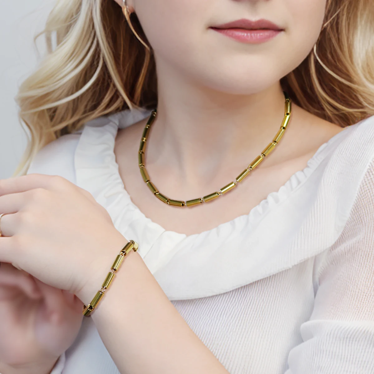 Punk Round Pipe Metal Necklace For Men Women High Polished Gold Color Plated Stainless Steel Jewelry Sets Couple Bracelet Gift