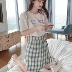 Skirt Slit Woman Outfit Short Sleeve Plaid Kawaii 2 Pieces Sets For Women Formal Event Cheap Clothing Korean Style Offers Korea