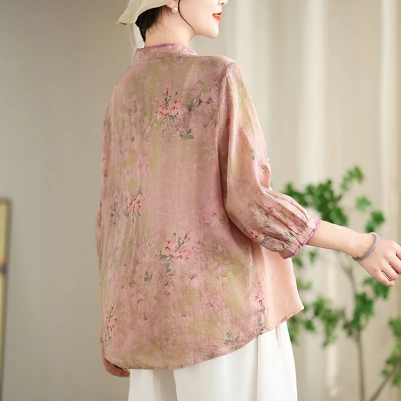 Chinese Style Women Casual Shirt New 2024 Summer Vintage Mandarin Collar Floral Embroidery Loose Female Tops Shirts B3889