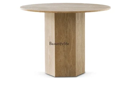 

French natural travertine dining table wabi-sabi marble modern high-end round dining table