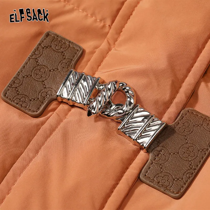 ELFSACK Vintage Orange Warm Down Coats Women 2023 Winter Loose Mid-length Casual Coats