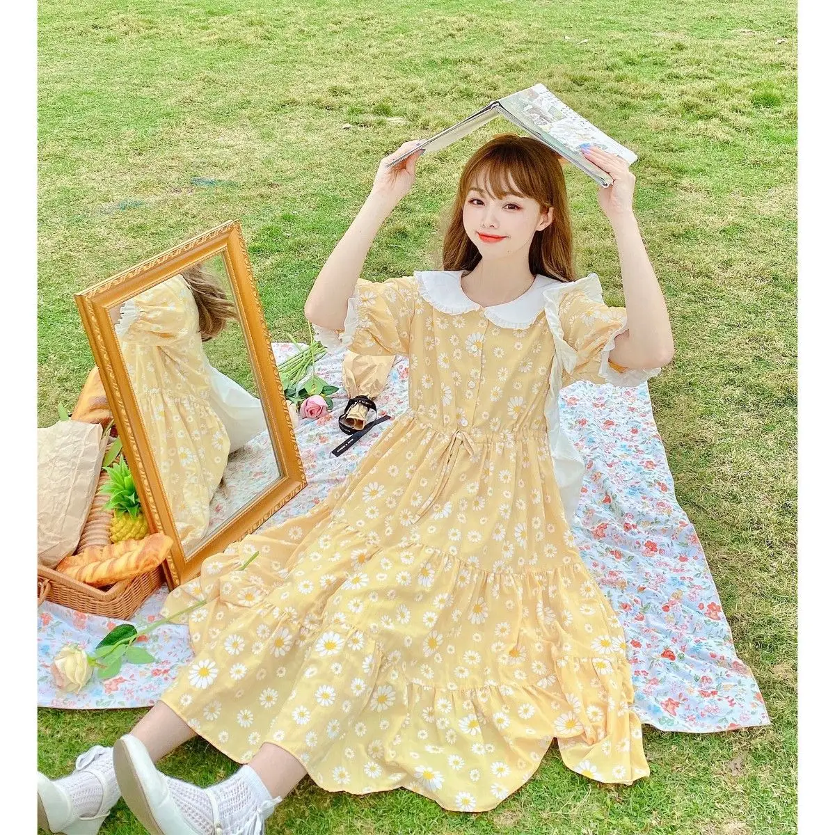 

Plus Size 5XL 150kg Summer Floral Dress Peter Pan Collar High Waist Vintage Flower Dress Short Sleeve Sweet Dress