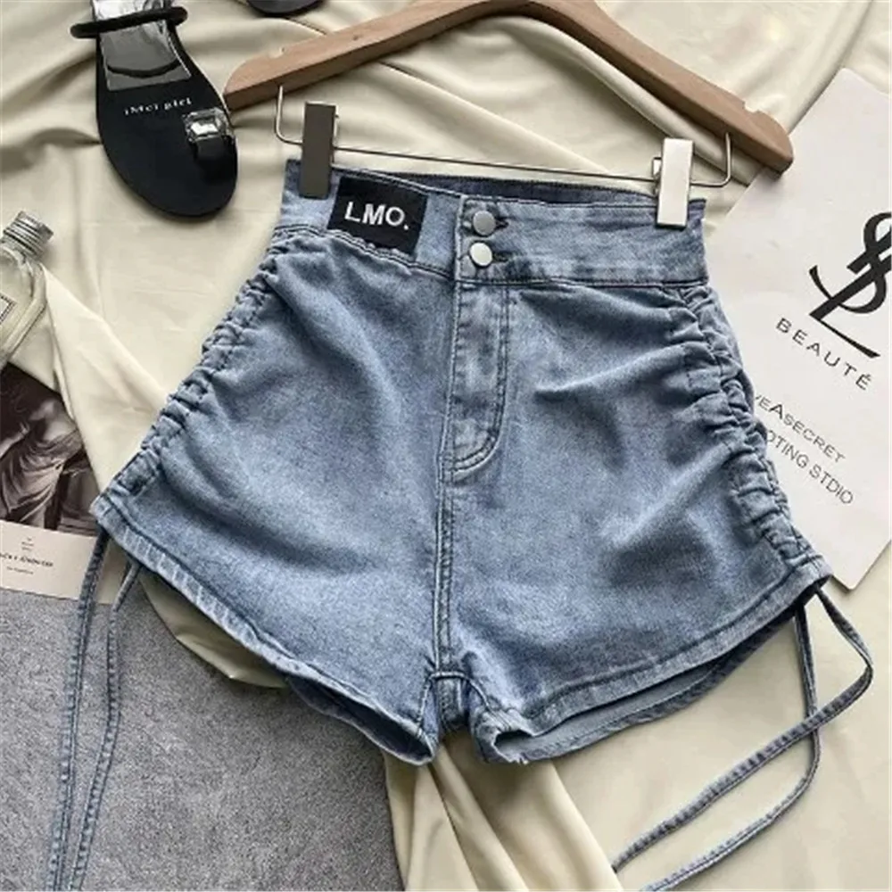 Xuân Hè Thời Trang Mới Dễ Thương Gợi Cảm Nữ Quần Short Jean Áo Khoác Ngoài Nữ Ol Cao Eo Nút Denim Ngắn Tua Rua Dây Rút