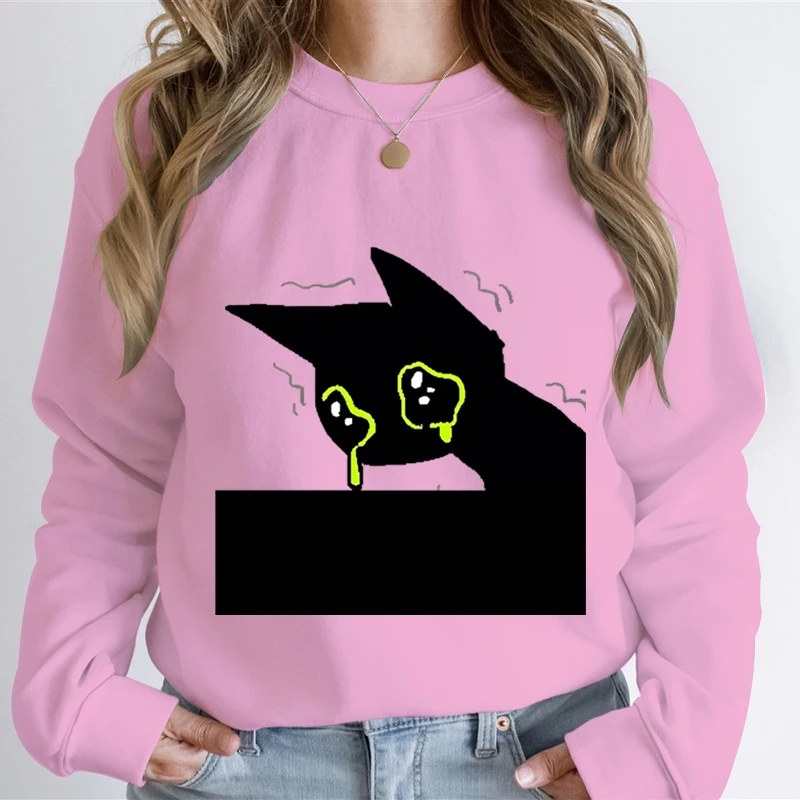 Power Cat Graphic Sweatshirts Women Sad Cats Shed Tears Print Funny Sweatshirt Hoodie Kawaii Animal Lover Casual Hooded Shirts