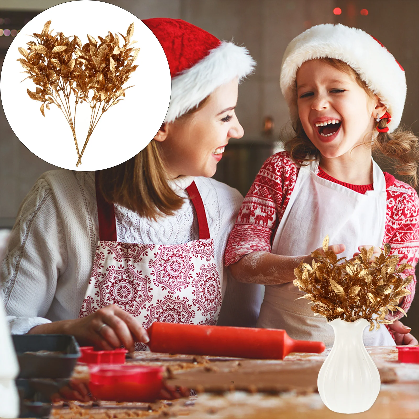 

1Set Christmas Simulated Flowers Golden Plastic Wedding Decorative Ornaments Bright Birthday Holiday Artificial