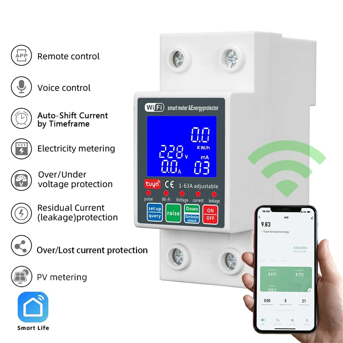 

A48I NEW WTDZW-63A/N Smart PV Circuit Breaker Tuya 220v Voltage Current Leakage Protection Mcb Automatic Switch 63A Wifi