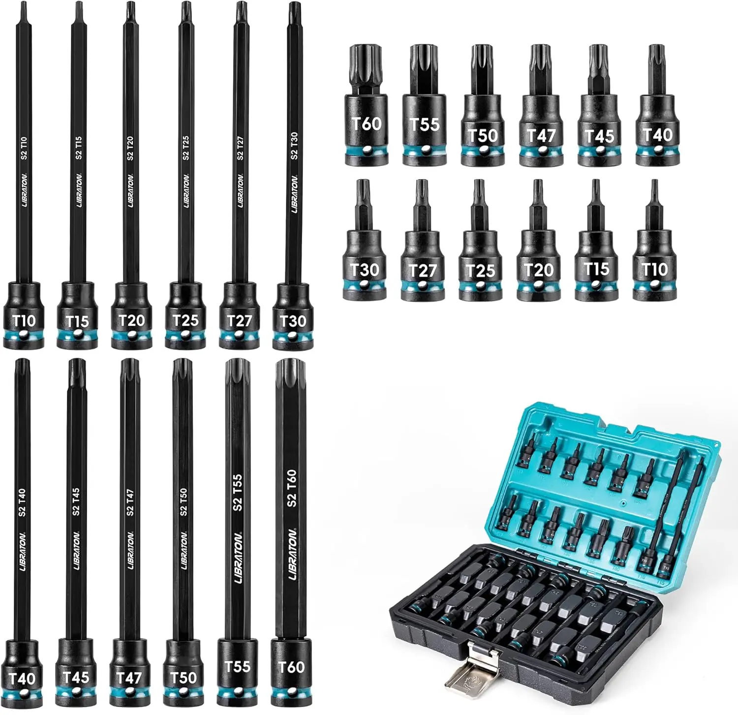 

Набор ударных торцевых головок Torx с приводом 3/8 дюйма, удлиненные головки 2 и 6 дюймов, 24 шт. (T10-T60), в формованном кейсе