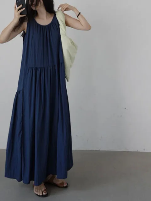 

Retro Patchwork Asymmetrical Pleated Vest Dr Women's Summer New Loose White Long Dr Ele Casual Maxi Skirt