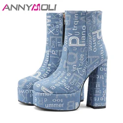 ANNYMOLI Women Pu Leather Fashion Boots Ankle Boots Platform Thick High Heel Round Toe Zipper Sexy Winter Autumn Shoes Grey Blue