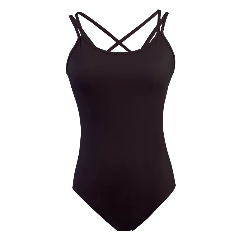 더블 크로스오버 캐미솔 스트랩과 속이 비치는 디자인이 특징인 민소매 발레 레오타드