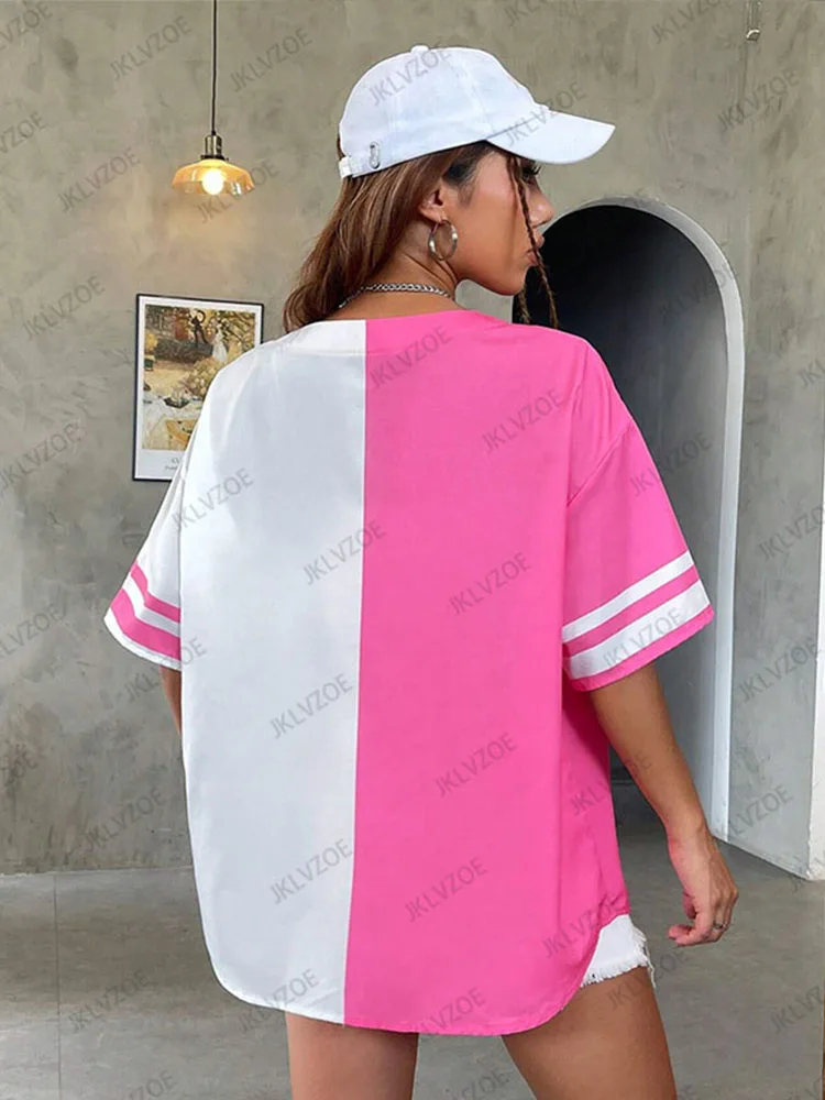 2025 Summer New Retro Pink Patchwork America 32 Print Blouse Women Streetwear Baseball Shirt Hip Hop Short Sleeve Button Up Tops