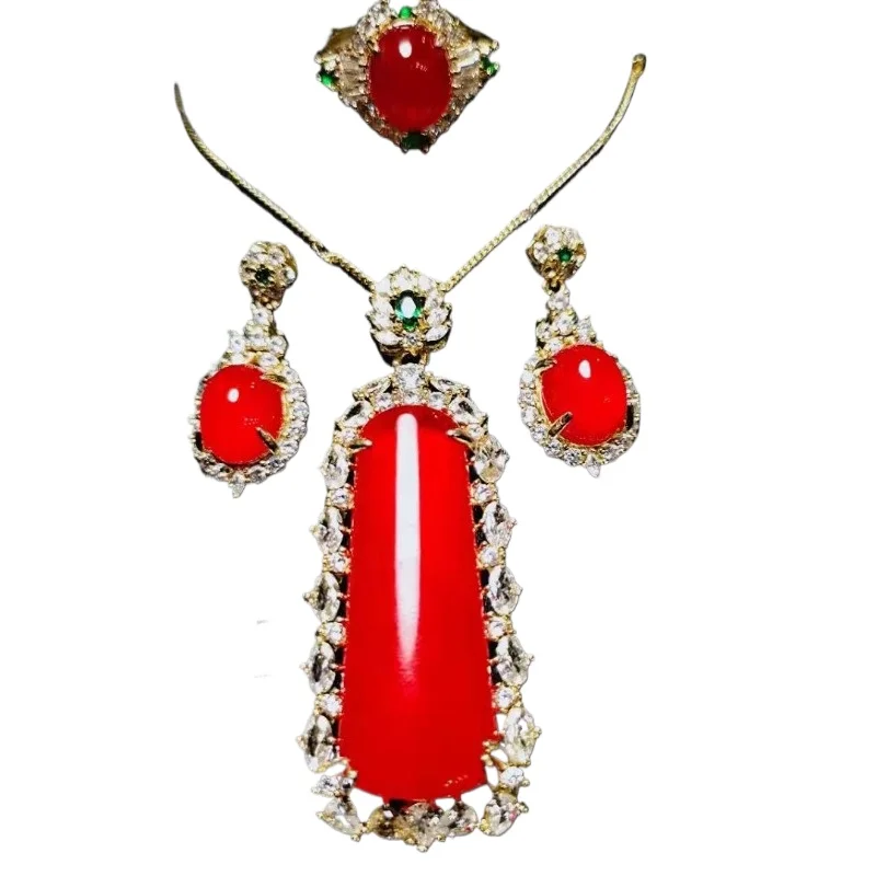 

Natural red jadeite ice chalcedony pendant inlaid with silver red fire three-piece set dazzling chalcedony pendant delivery