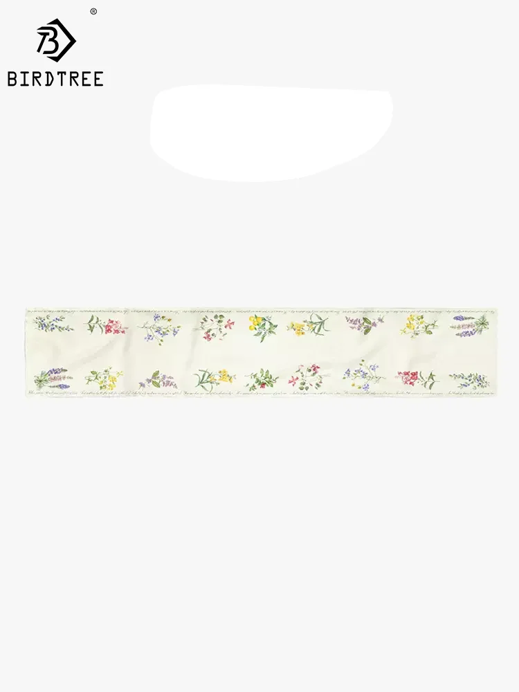 BirdTree, 100%Mulberry Silk Original Design Scarf, Flower Printed, Women French Headband Small Strip Scarf, 2024 Summer A43342QM