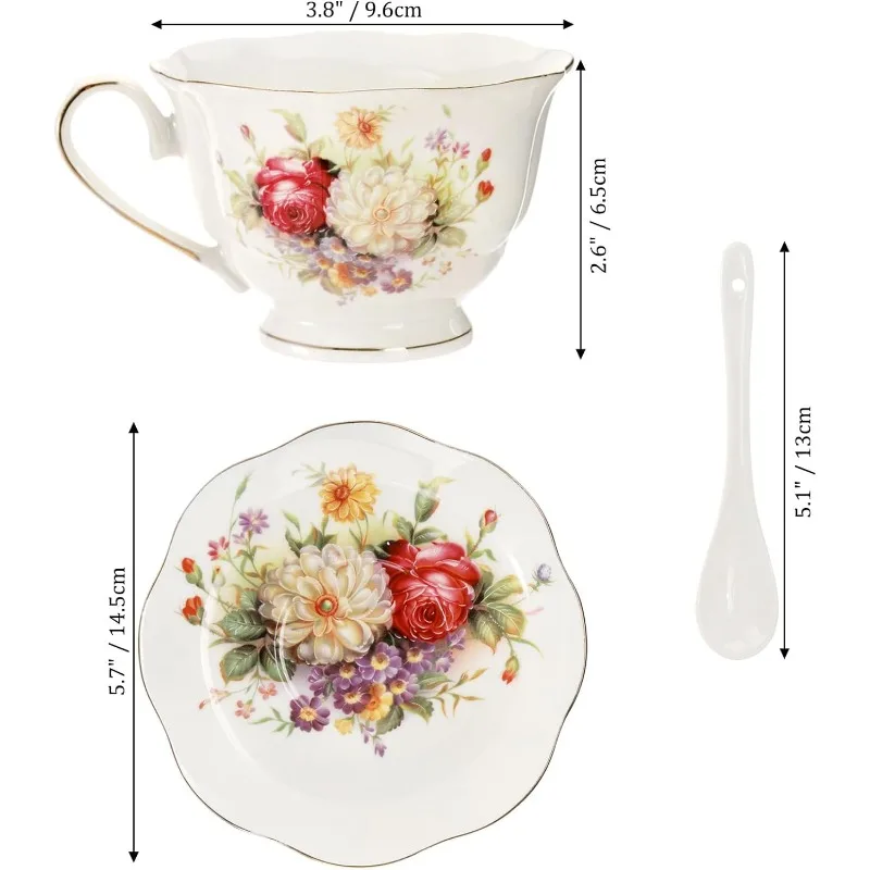 Imagem -03 - Pires e Copos de Chá Florais com Guarnição Dourada Porcelana Copos Café Marfim Colheres Conjunto de oz