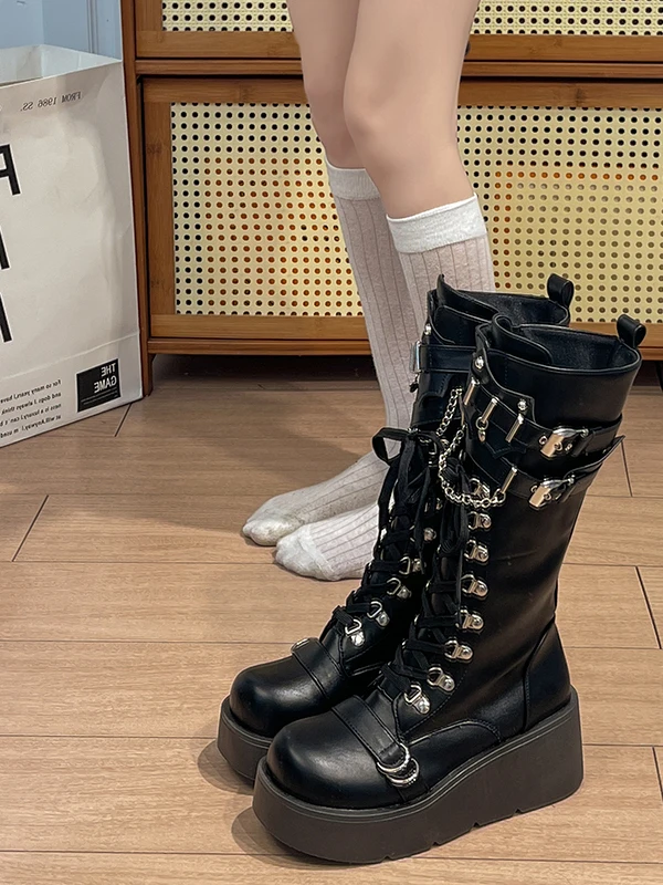 

Мотоциклетные ботинки в стиле панк, женские высокие ботинки Thi Bot на высоком каблуке, осенне-весенние ботинки Faion, металлические ботинки в стиле панк с перекрестными синими цветами