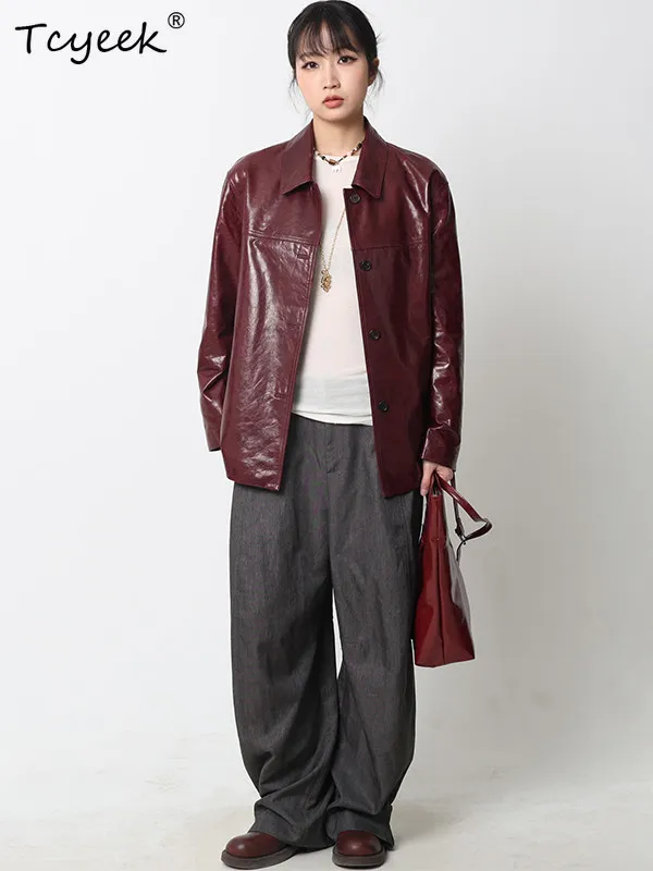 Tcyeek Real Leather Jacket Woman Autumn Clothes Natural Sheepskin Coats Streetwear Women Fashion Loose Fit Casaco Feminino