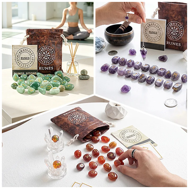 JOYAGIFT 25PCS Tumbled Rune Stone Set Engraved Elder Futhark Viking Runes Divination Kit with Vintage Pouch Guide Card for Wicca