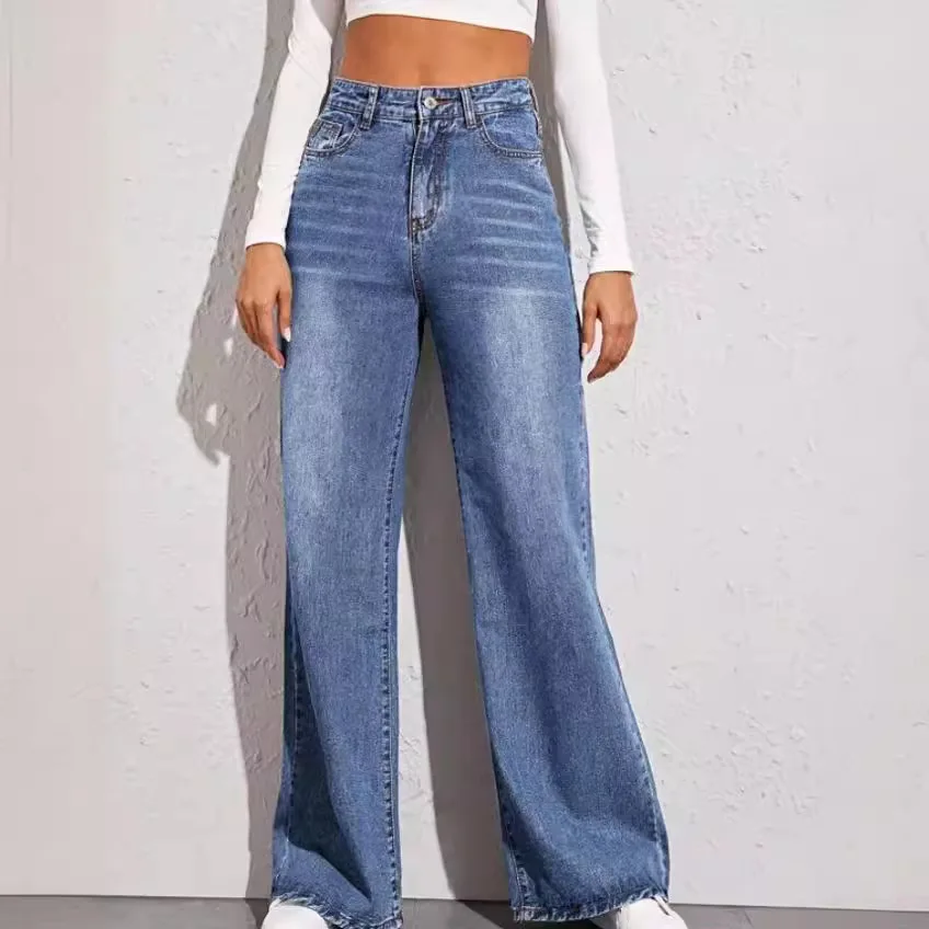 Women High Waist Jean Wide Leg Denim Pants Vintage Ankle Length Jeans Spliced Pockets Washed Zipper Fly Basics Loose Fit