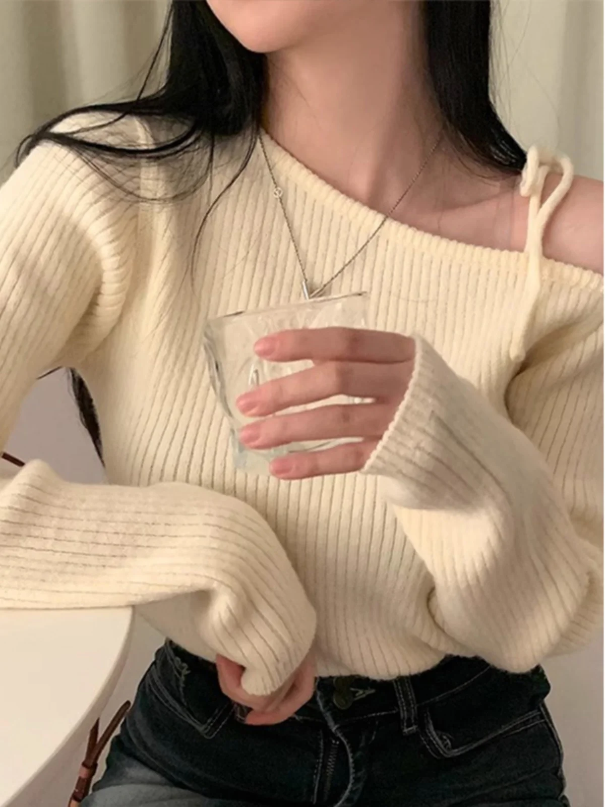 Korean Sle Bow Tie Shoulder Knitted Sweater Women's Red Sweater Autumn Winter New Year Base Layer Inner 2025 Top Sweet Sl...