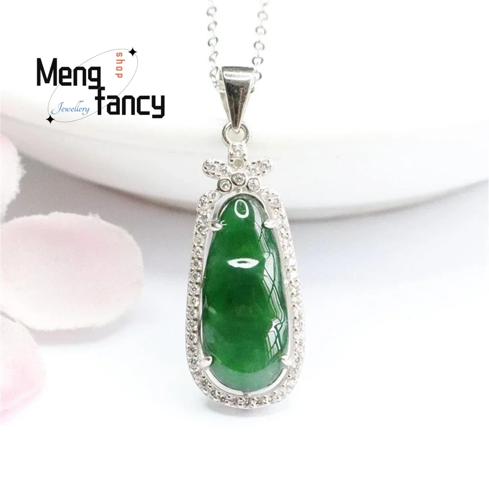 

S925 Silver Lnlaid Natural Jadeite Imperial Green Four Season Beans Pendant Exquisite Elegant High-grade Luxury Quality Jewelry