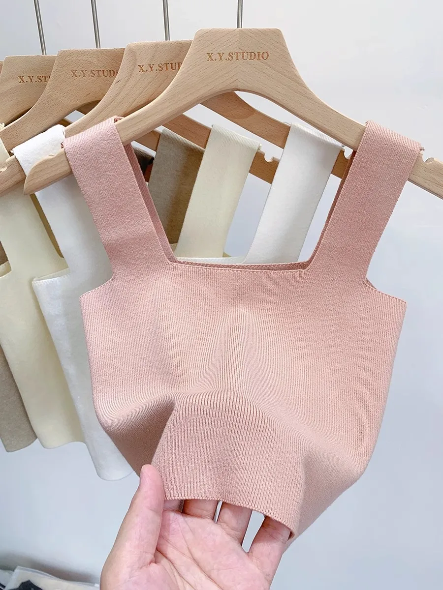 

2025 Summer Solid Color Basic Women Sexy Sleeveless Vest Fashion Short Square Collar Tank Tops Versatile Knitted Crop Top D317