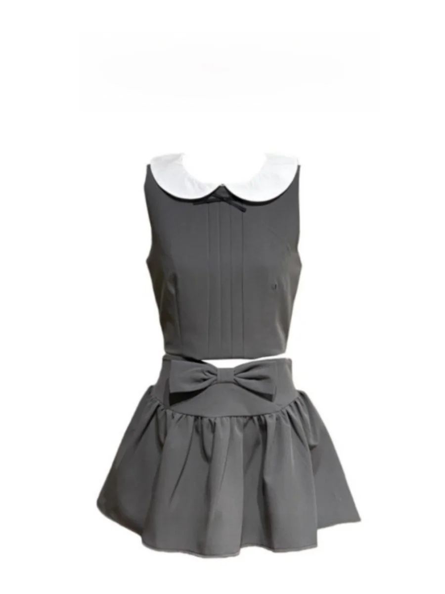 

Ms XIDU Heartbeat Signal Doll Collar Sleeveless Top And High Waist Skirt Set with Knot for Women Summer Fashion
