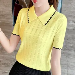 2023 New Summer Fashion Commuting Simple Doll Neck Contrast Small Fragrance Hollow Hole Knitted Short Versatile Women's T-shirt