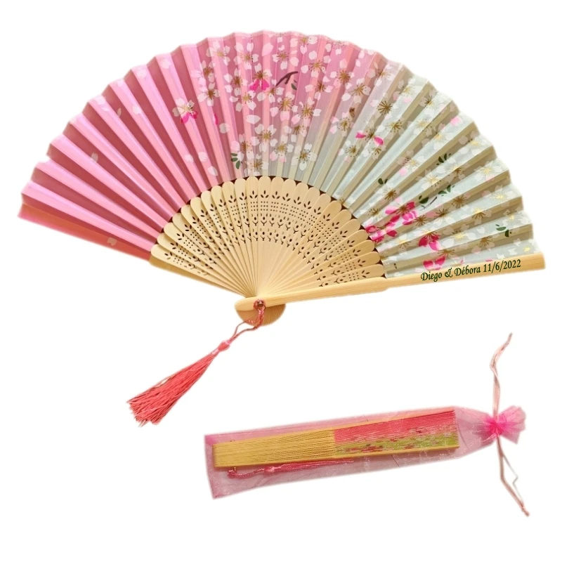 50PCS Customized Luxury Chinese Style Cherry-blossom Design Folding Silk Hand Fan With Tassel For Wedding Gift Favor