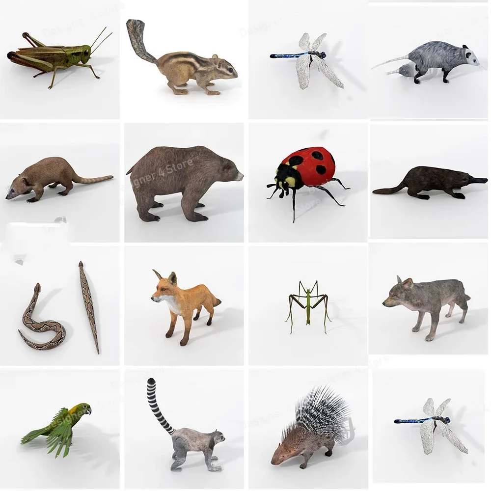 30PSC 3DS Insect Animal Low Face C4D Model Eagle Chameleon Elk Mouse Pig  Porcupine Bear RabbitFox Dragonfly FBX / OBJ /STL C4D