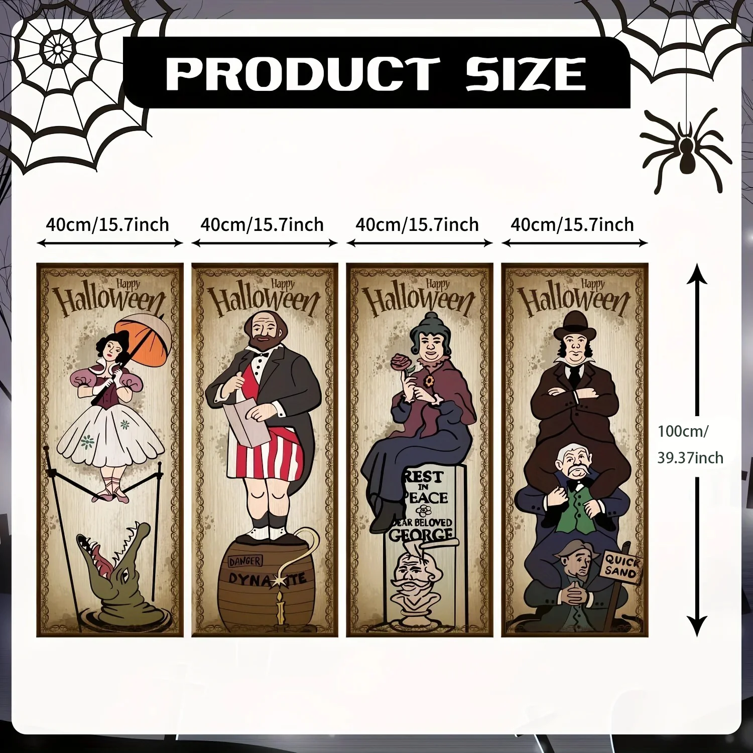 Vintage Haunted Mansion Halloween Vertikales Banner-Set Retro Cartoon-Geister-Charakter Wandbehang-Schild für Indoor-Party-Dekoration – Detail 3